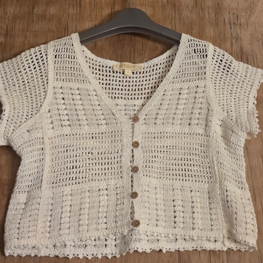 Rebellion Again Cream Crochet Knit Button Front Cardigan Top Small Cotton Boho